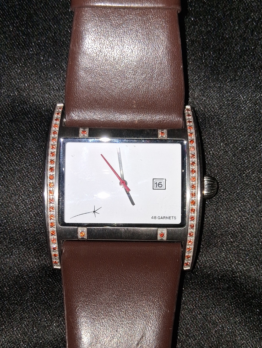 Manoel Bernardes Rectangular Watch - 48 Garnets - Reddish Brown Leather Strap